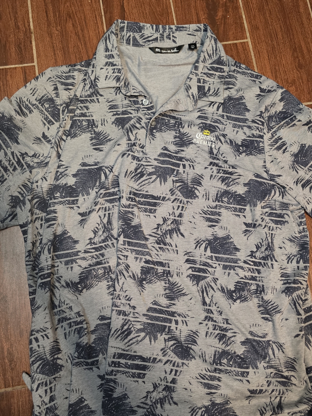 Travis Mathew Gray Polo with Navy Palm Print Corona
